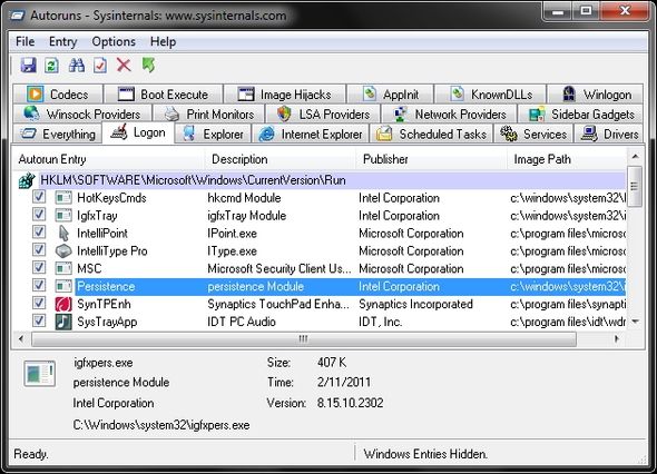 Autoruns — список элементов автозагрузки и вкладка Logon