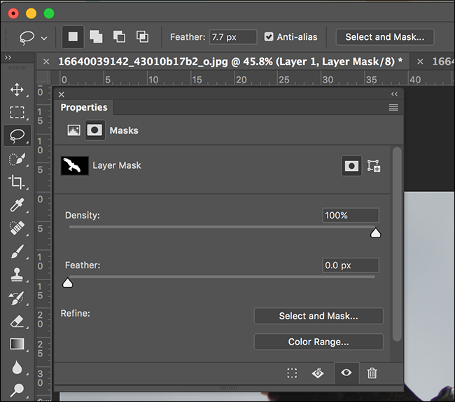 Переход в Select and Mask из панели инструментов