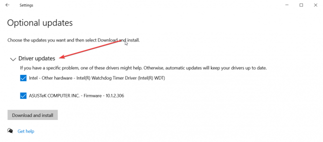 Раскрытая категория Драйверы с доступными обновлениями