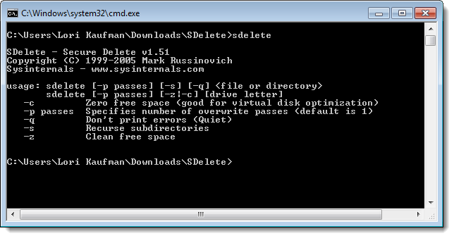Список команд SDelete в консоли