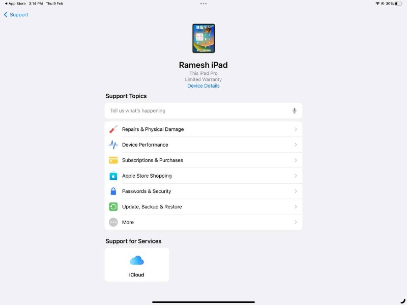 image showing support topics on apple ipad