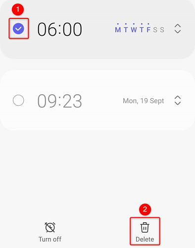 Выберите будильник и нажмите «Удалить»