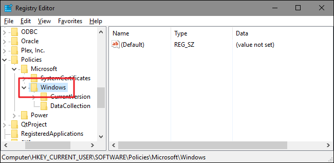 Навигация в Редакторе реестра к ключу PoliciesMicrosoftWindows