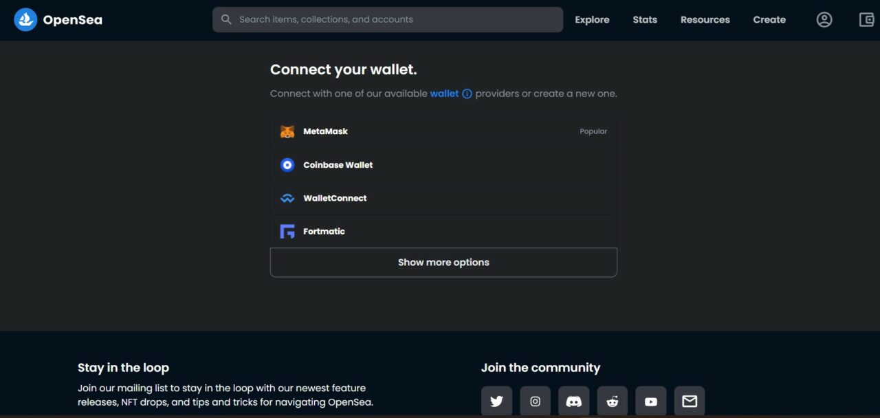 Выбор кошелька Metamask в OpenSea