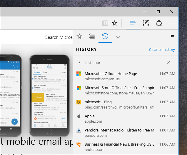 Панель истории в Edge с отдельными записями