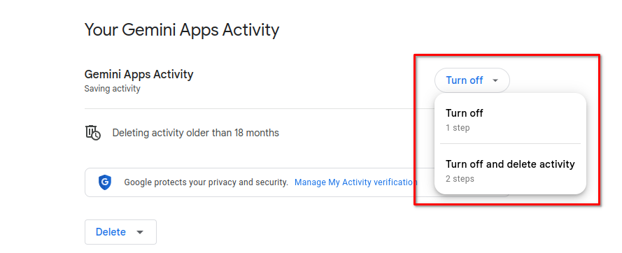 Меню для выбора отключения сохранения активности Gemini Apps Activity.