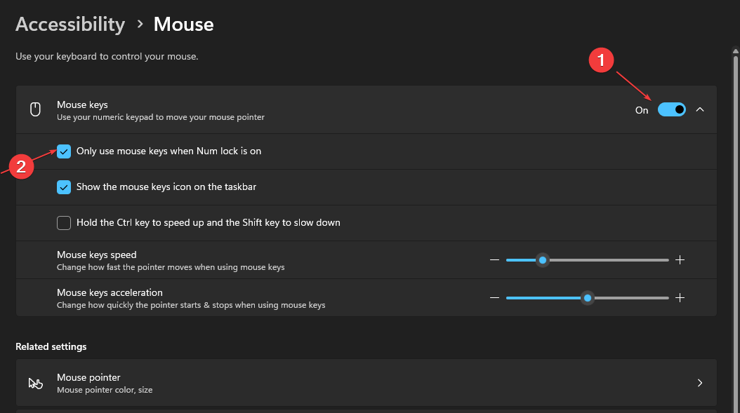 Включение Клавиш мыши в настройках