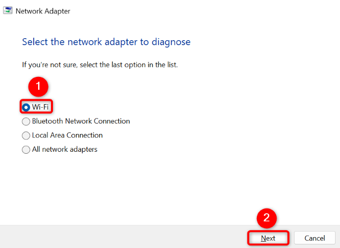 Выбор типа адаптера 'Wi‑Fi' в мастере устранения неполадок