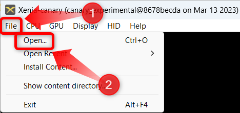 To open your Xbox 360 ROMs click file and then open on the Xenia window