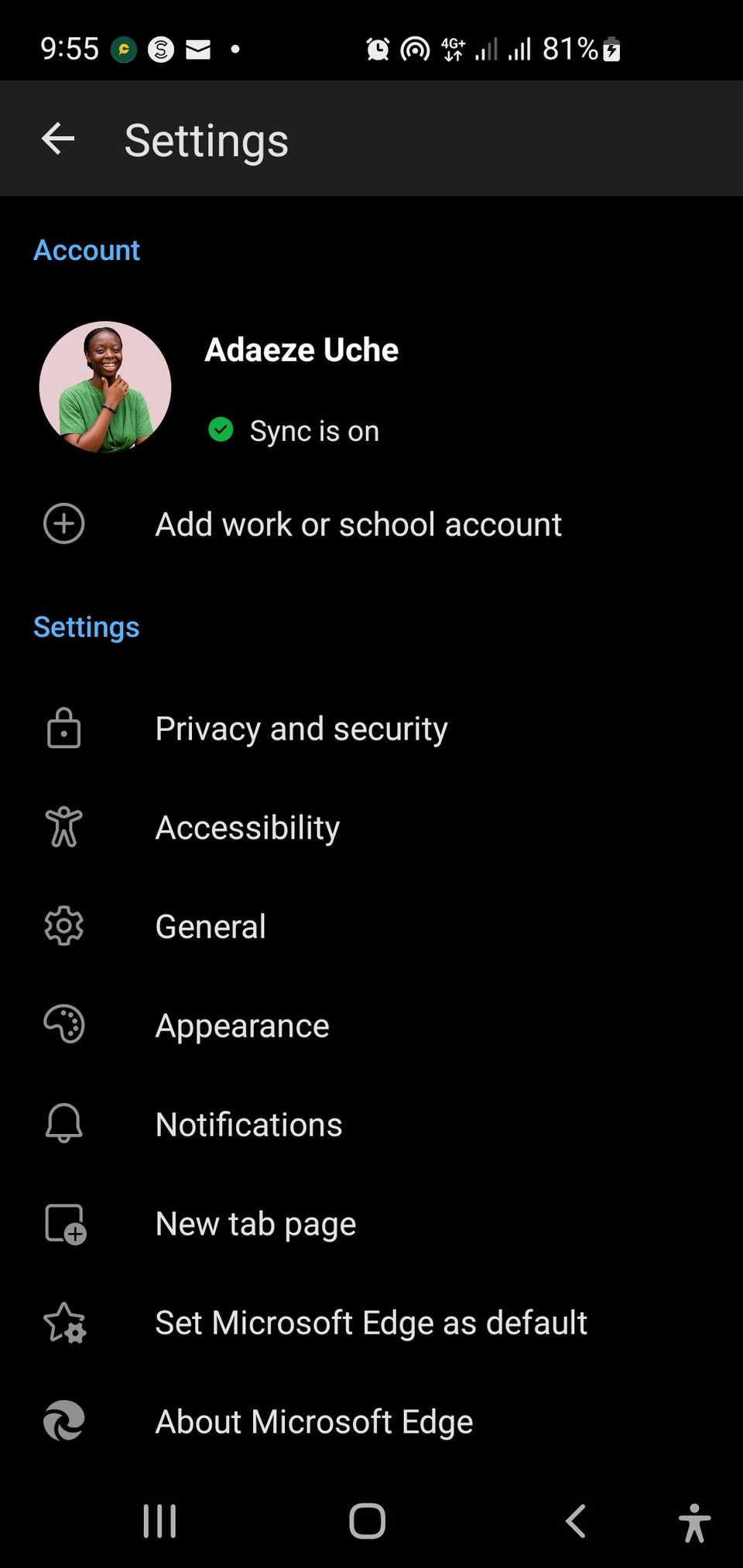 Страница настроек Edge на мобильном устройстве