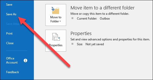 Команда Сохранить как в Outlook