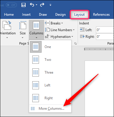 Окно настройки колонок в Word