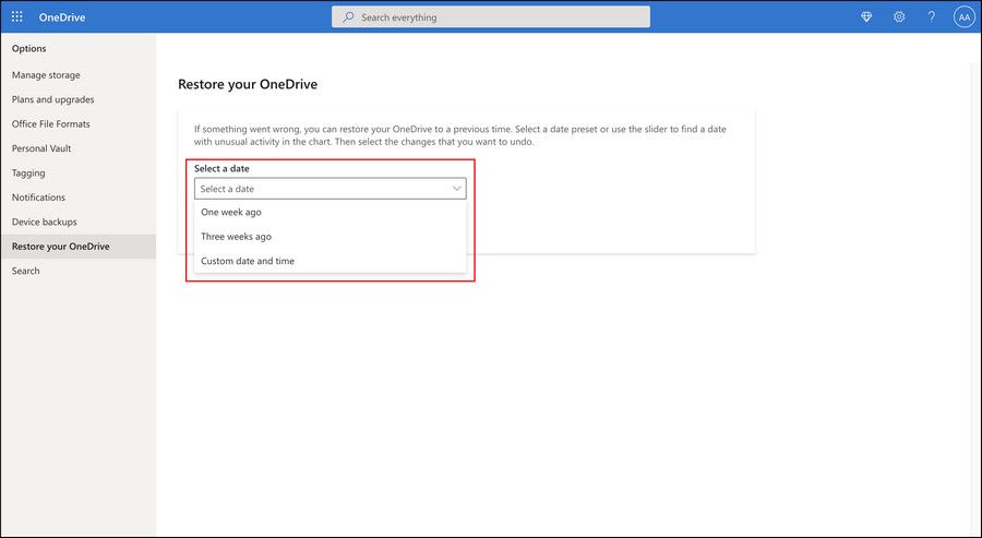 Выбор даты восстановления OneDrive