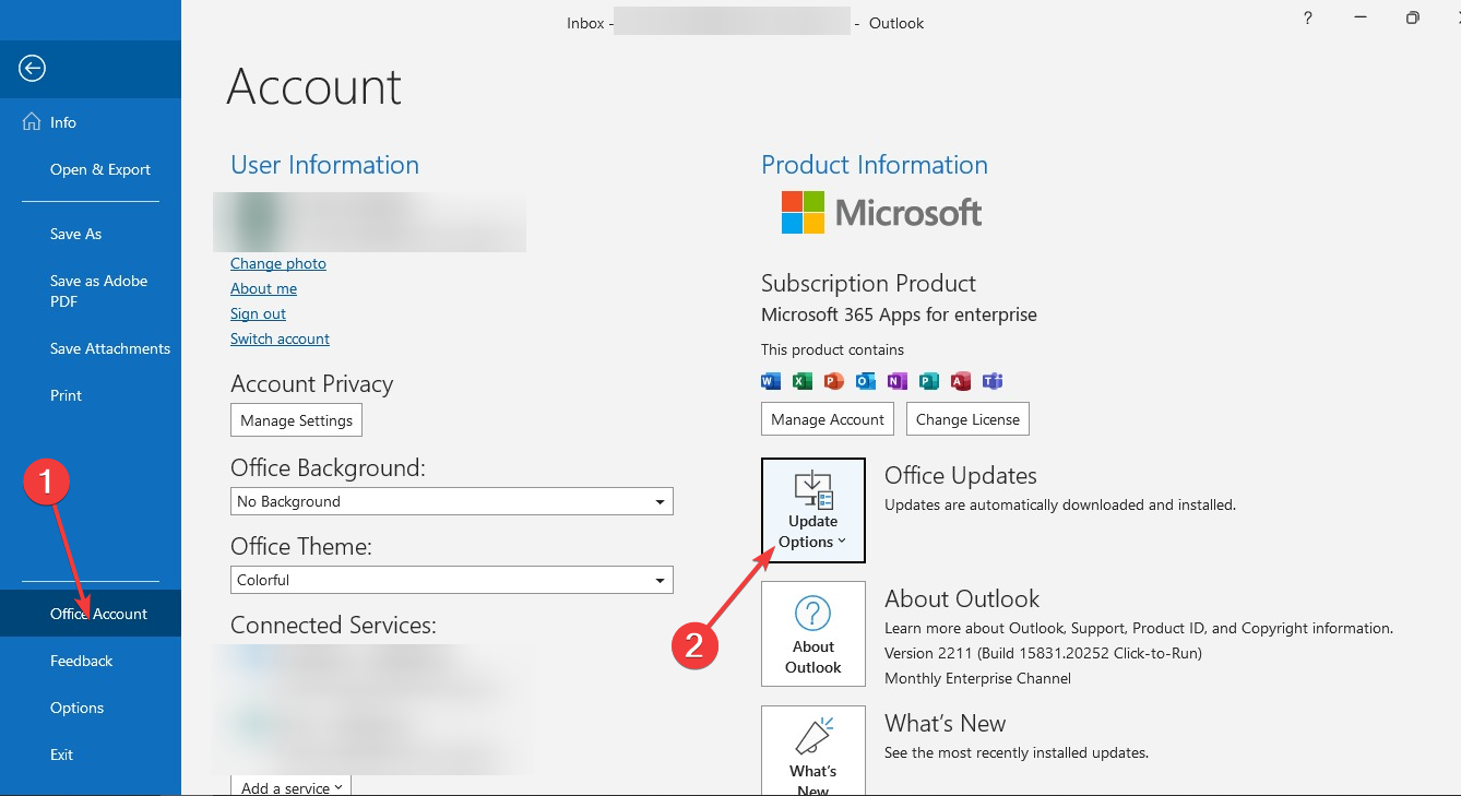 Opções de atualização do Outlook