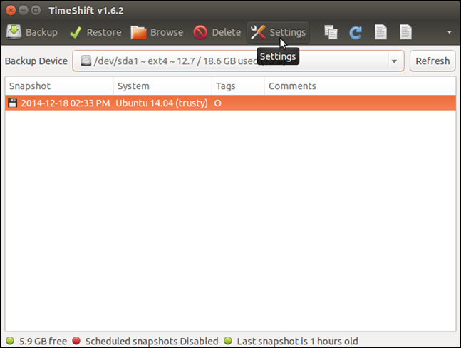 Кнопка настроек TimeShift на тулбаре