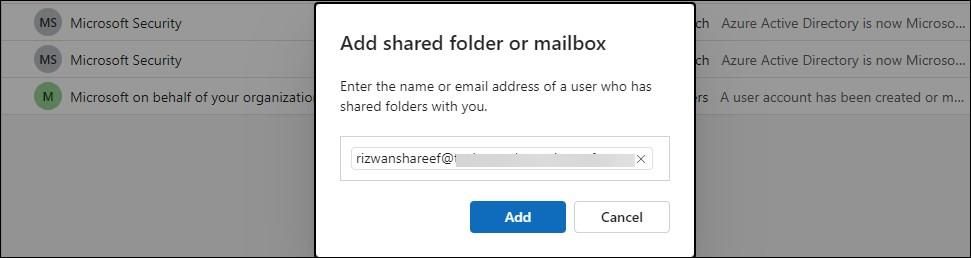 Диалог Add shared folder or mailbox в Outlook для Windows 11.