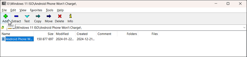 Окно добавления в архив 7-Zip в Windows 11