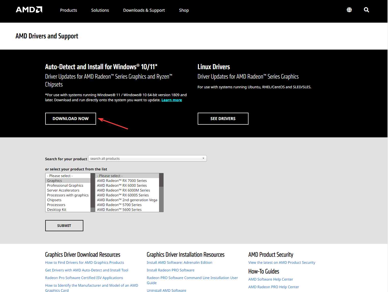 Страница загрузки AMD Radeon на сайте AMD