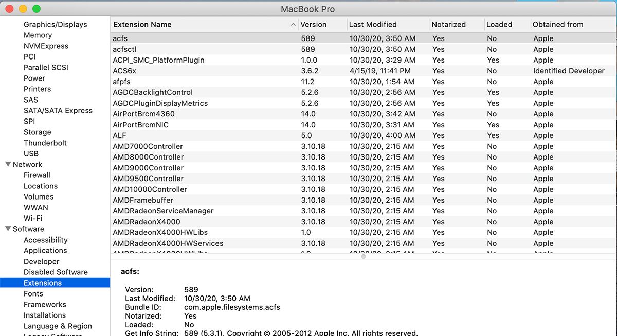 Список расширений в Отчёте о системе