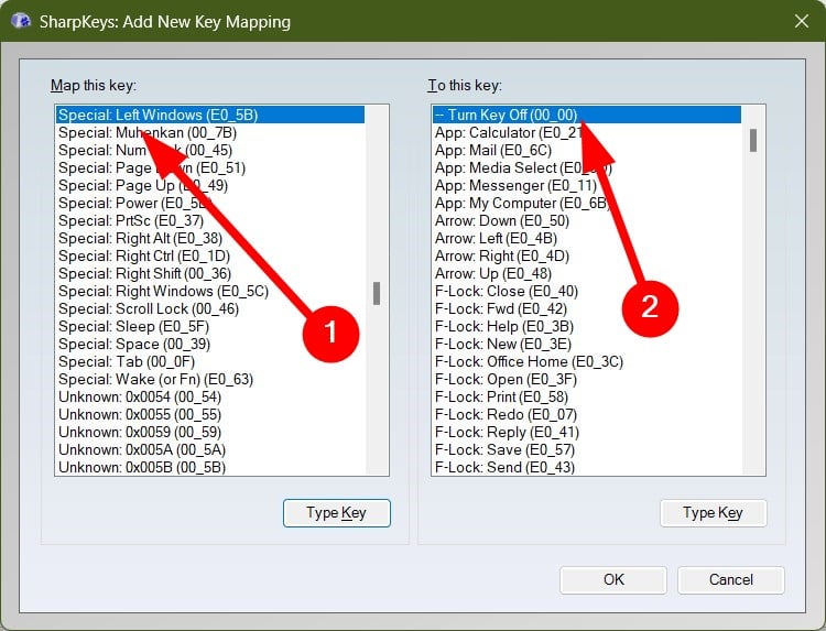 SharpKeys: выбор Turn Key Off (00_00)