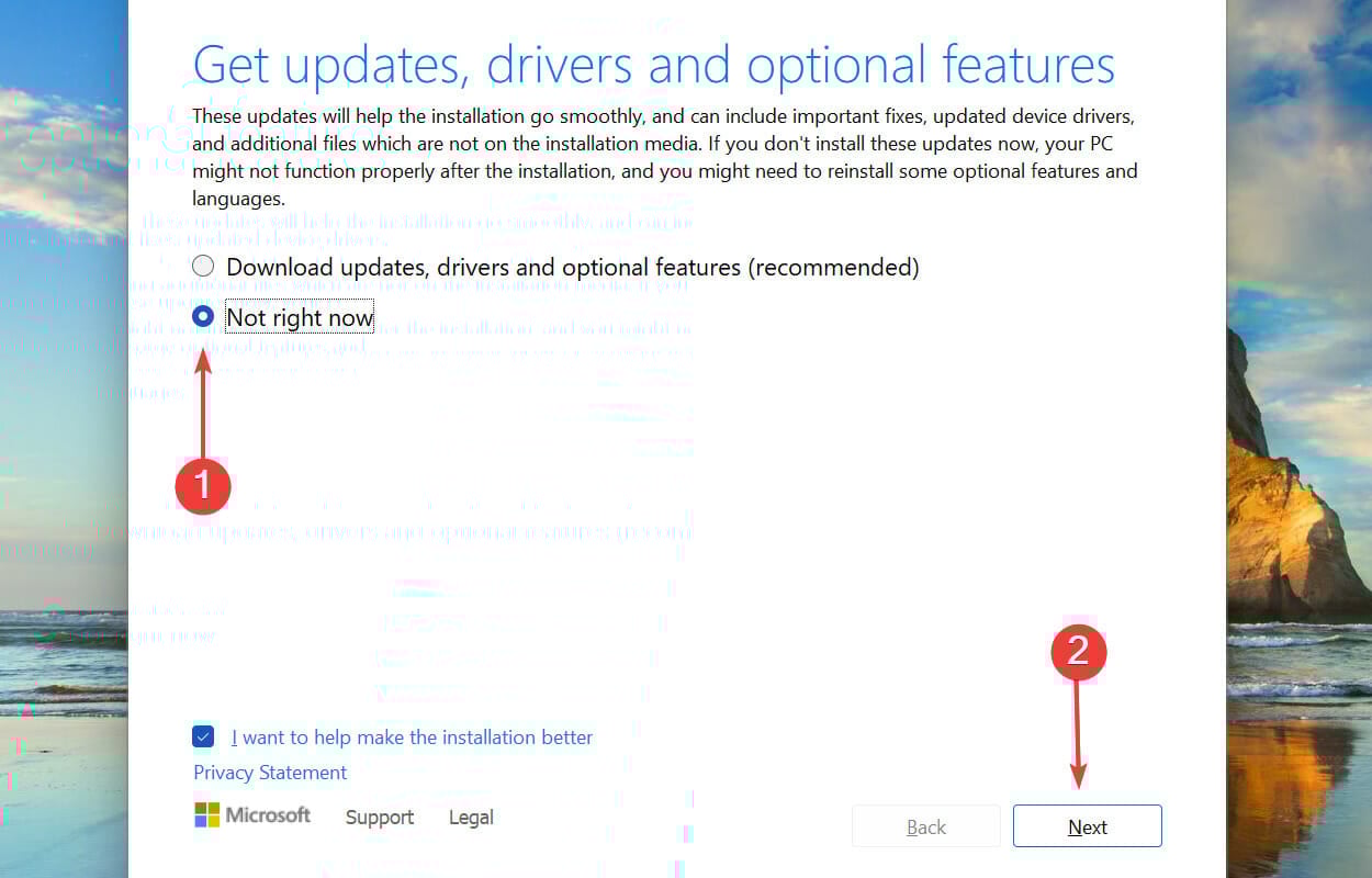 Выбор «Not right now» при загрузке обновлений