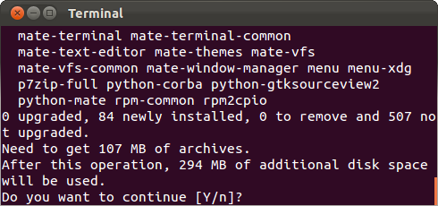 Процесс установки пакетов MATE в терминале