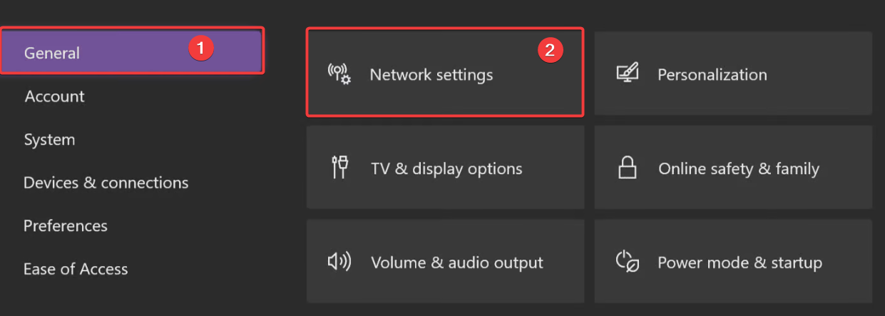 Параметры сети в настройках Xbox