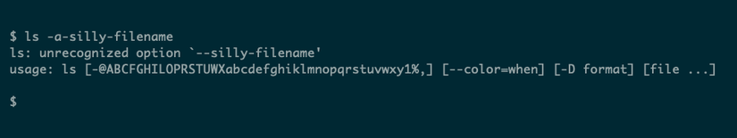 Erro do ls dizendo 'opção não reconhecida' ao processar nome de ficheiro começando por hífen.