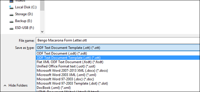 Диалог сохранения файла с выбором типа шаблона .ott и .dot