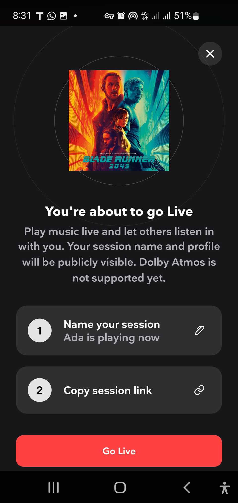 Страница настроек Live Session в Tidal