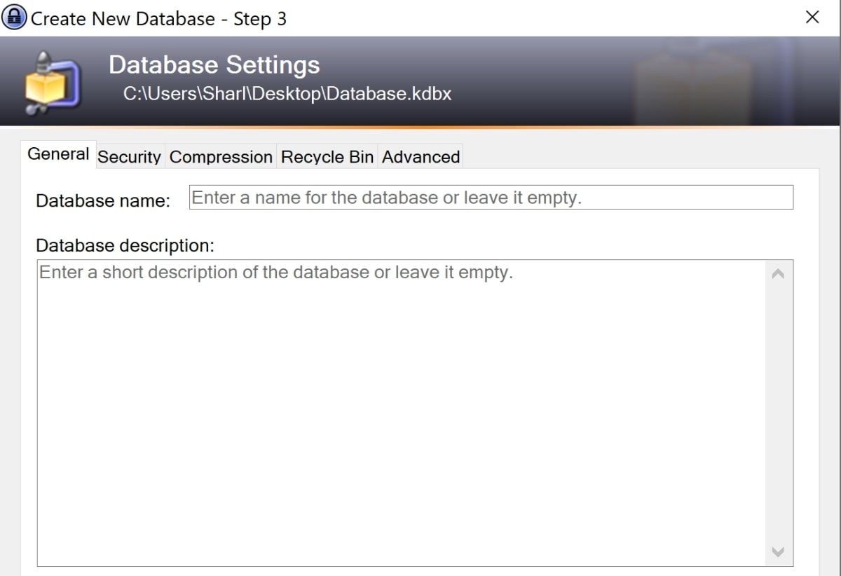 Окно создания базы данных KeePass — имя и описание
