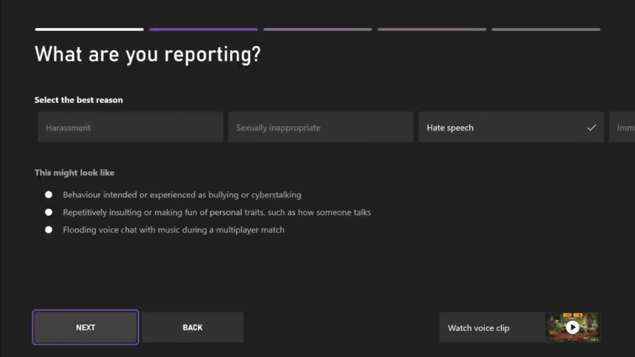 Опции поведения при жалобе на голосовой чат с выбором причин