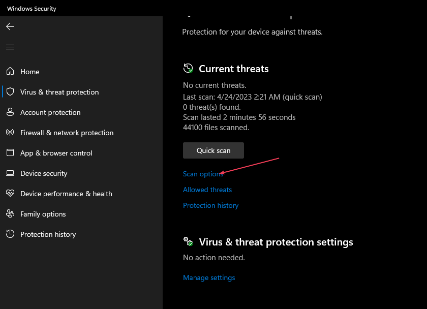Окно Безопасности Windows: Защита от вирусов и угроз