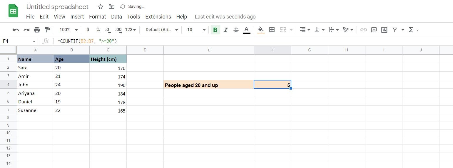 Пример использования COUNTIF в Google Таблицах — вычисление по возрасту