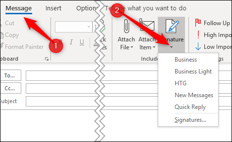 Меню выбора подписи в сообщении Outlook