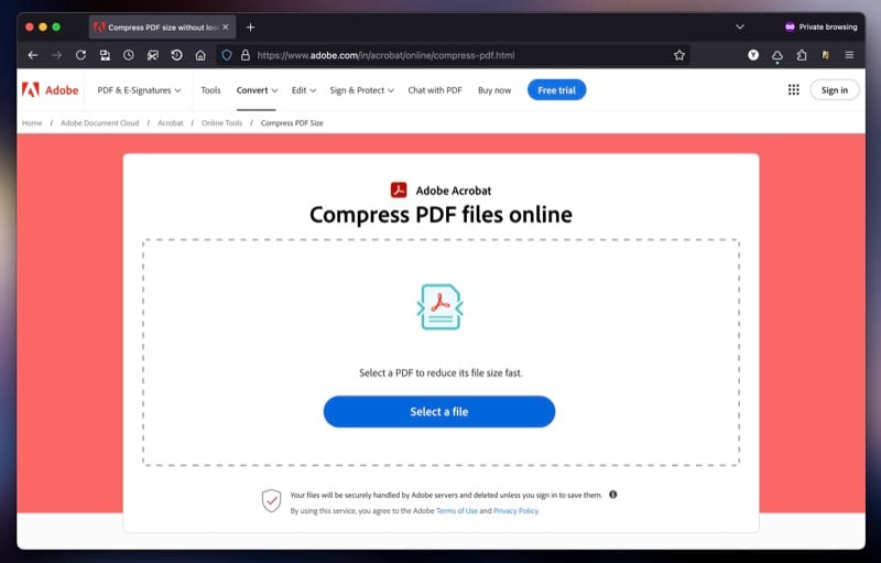 Интерфейс онлайн-инструмента Adobe Acrobat Compress