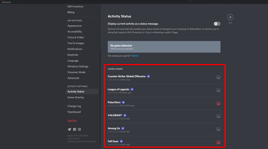 Удаление игры из Activity Status с помощью красного X