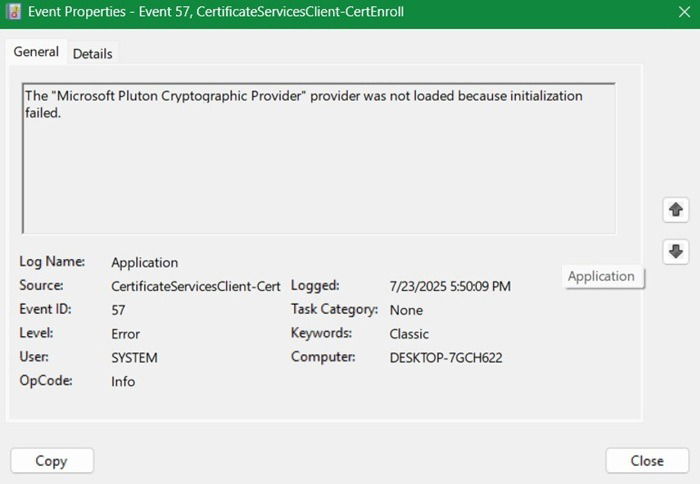 Событие с кодом 57: ошибка криптографического провайдера Microsoft Pluton