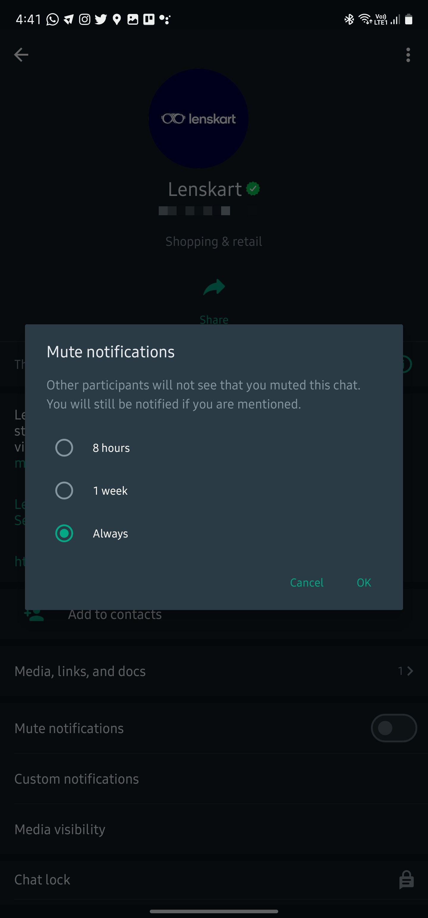 Отключение уведомлений для чата в WhatsApp