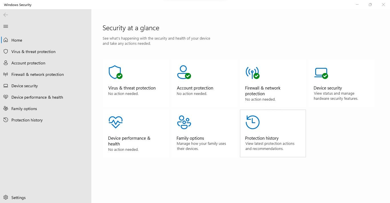 Выбор раздела «История защиты» в приложении Защитник Windows