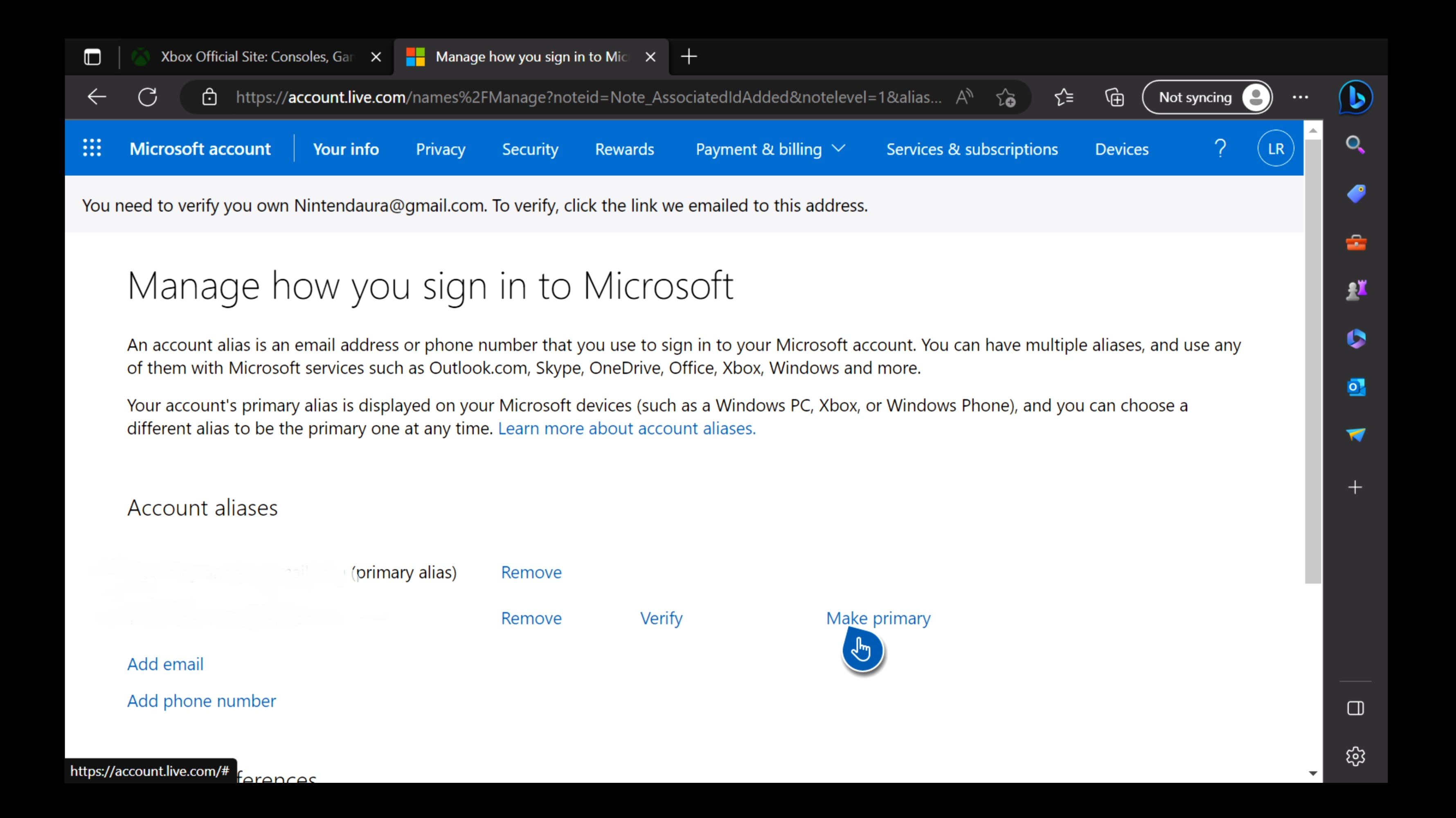 Сделать адрес основным в Microsoft