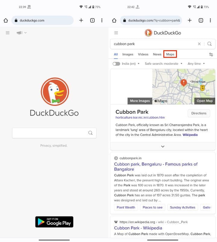 DuckDuckGo открывает Apple Maps на мобильном