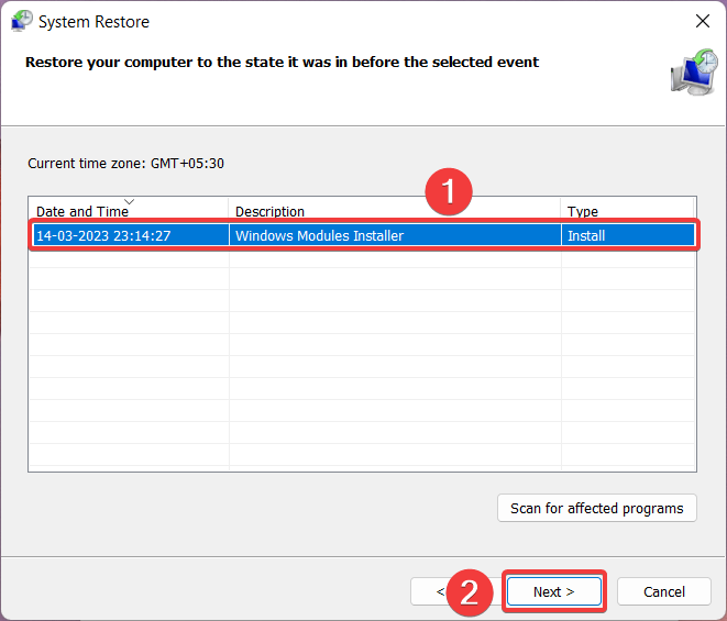Выбор точки восстановления системы