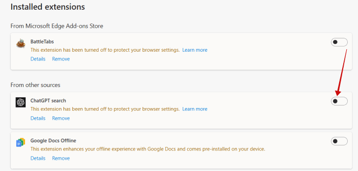 Отключение ChatGPT search в Edge на ПК.
