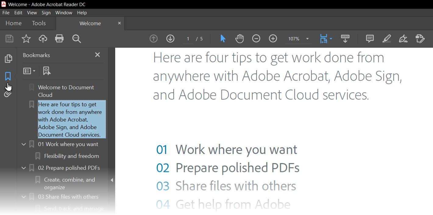 Боковая панель закладок в Adobe Reader показывает существующие закладки документа