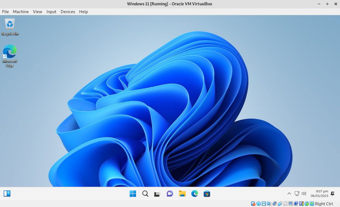 Окно Windows 11 с корректным соотношением сторон в VirtualBox.