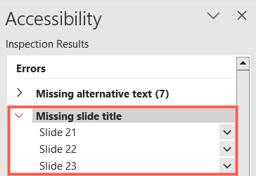 Список номеров слайдов с отсутствующими заголовками в панели доступности