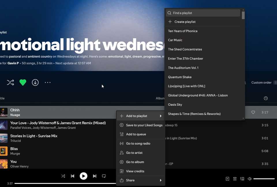 изменённые опции плейлистов в Spotify
