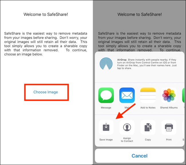 Интерфейс SafeShare: выберите изображение, чтобы удалить метаданные и сохранить чистую копию