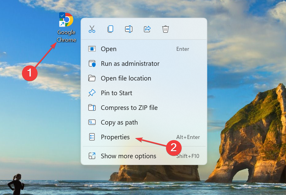 Окно свойств ярлыка Chrome — путь для исправления чёрного экрана
